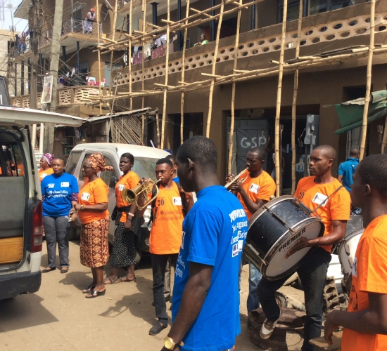 The Musical Band  at the Market Outreach in Oyingbo, with Project Manager, Morenike Omaiboje and WOCONs Legal Officer, Edith Atiti